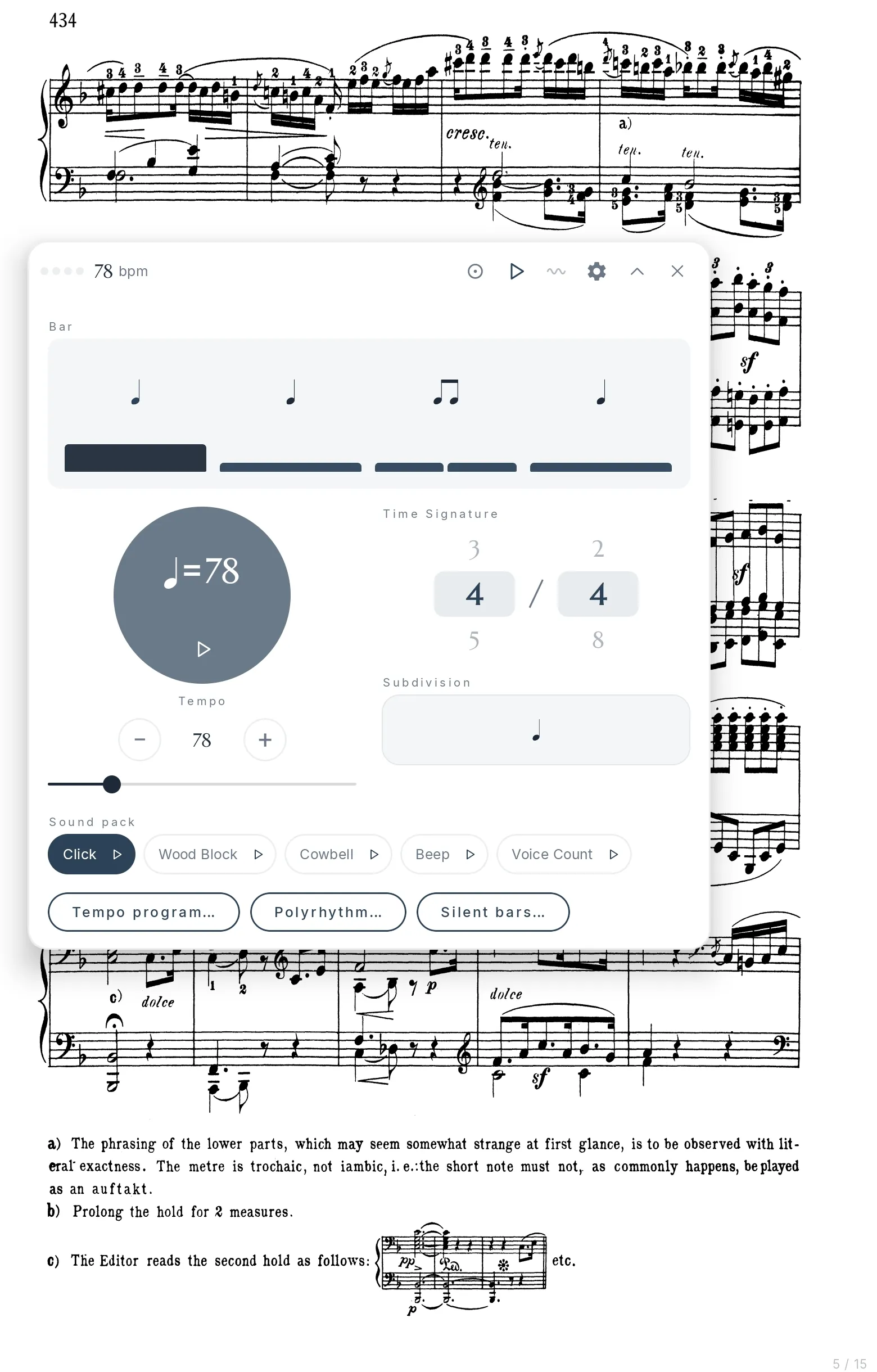 The floating metronome over a sonata in the reader